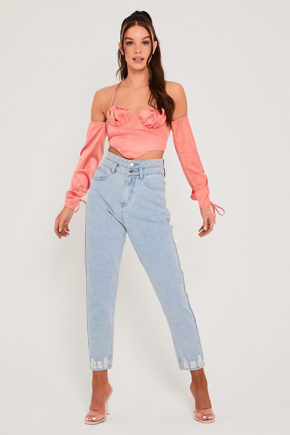 saint genies Anna Coral Cold Shoulder Long Sleeve Corset Top