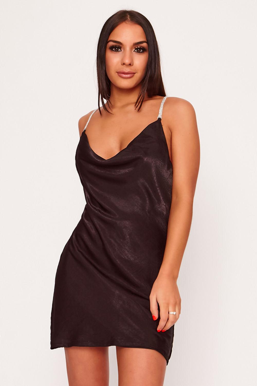 saint genies Arabella Black Cowl Neck Drape Satin Diamante Strap Dress