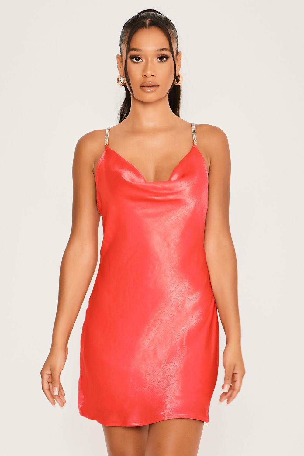 Saint Genies Arabella Coral Cowl Neck Drape Satin Diamante Strap Dress