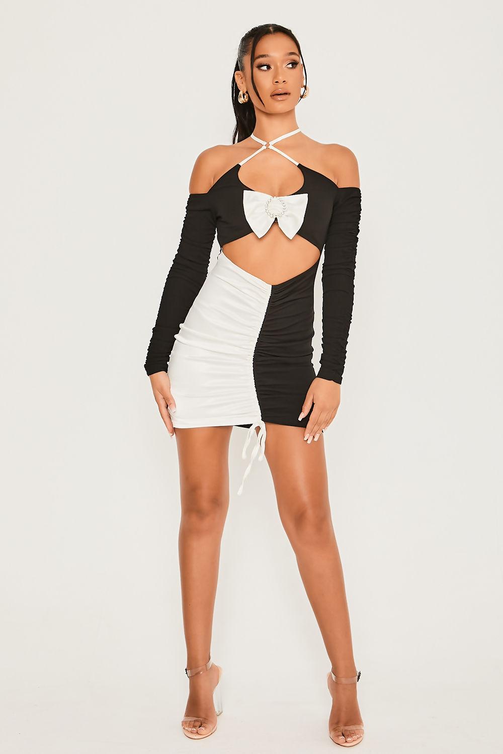 saint genies Aria Black Bow Detail Ruched Front Long Sleeve Mini Dress