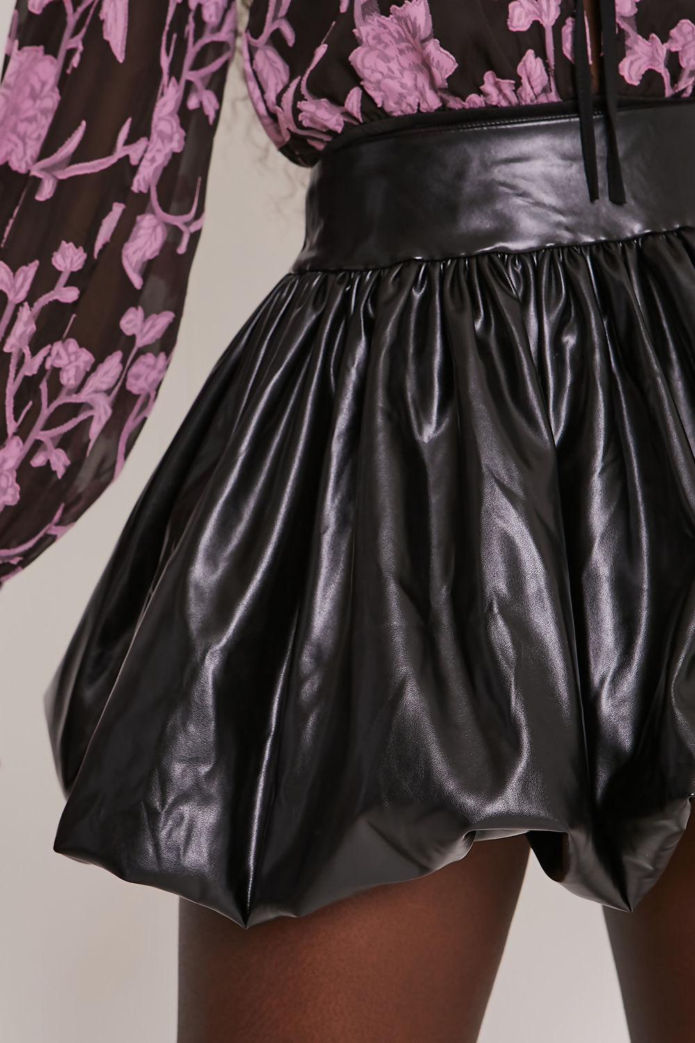 Saint Genies Ashanti Black Faux Leather High Waisted Puffball Mini Skirt