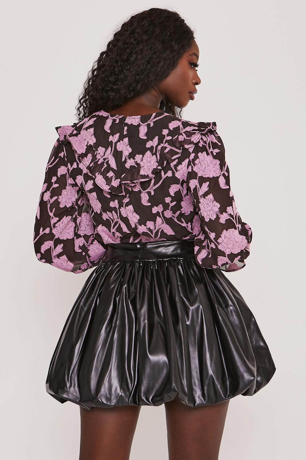 Saint Genies Ashanti Black Faux Leather High Waisted Puffball Mini Skirt