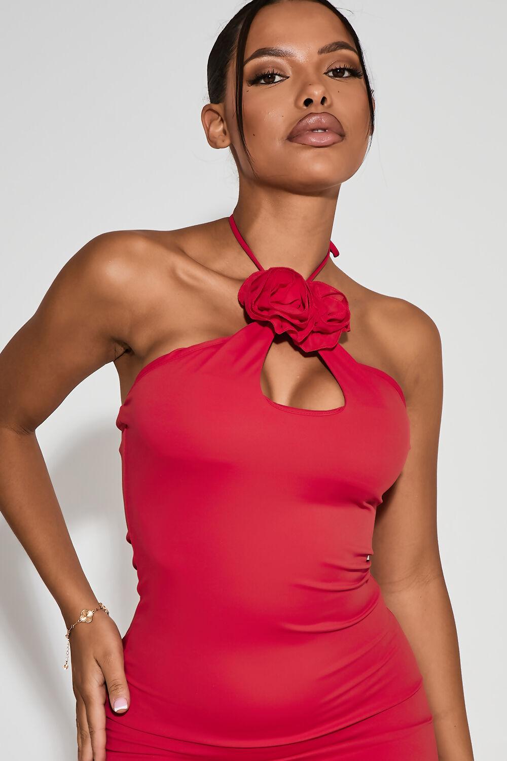 Saint Genies Aurelie Red Floral Applique Halterneck Bodycon Mini Dress