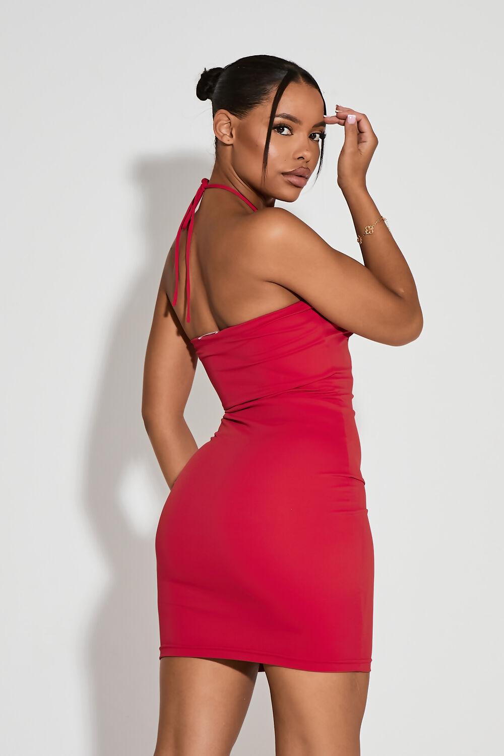 Saint Genies Aurelie Red Floral Applique Halterneck Bodycon Mini Dress