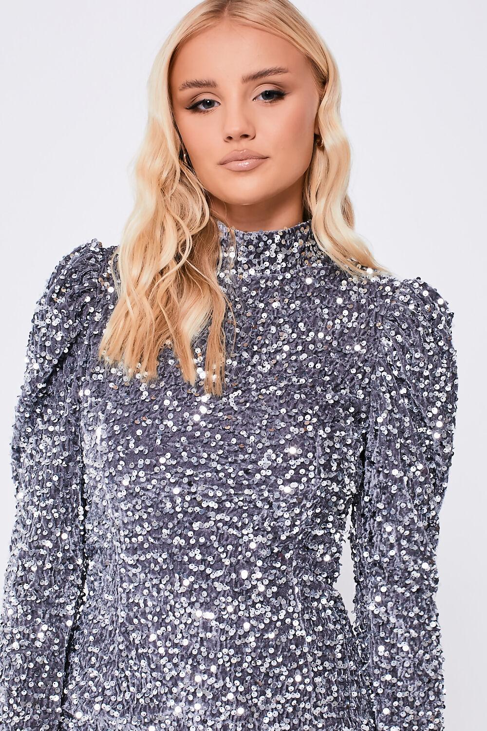 Saint Genies Ava Silver Sequin Velvet High Neck Puff Sleeve Dress