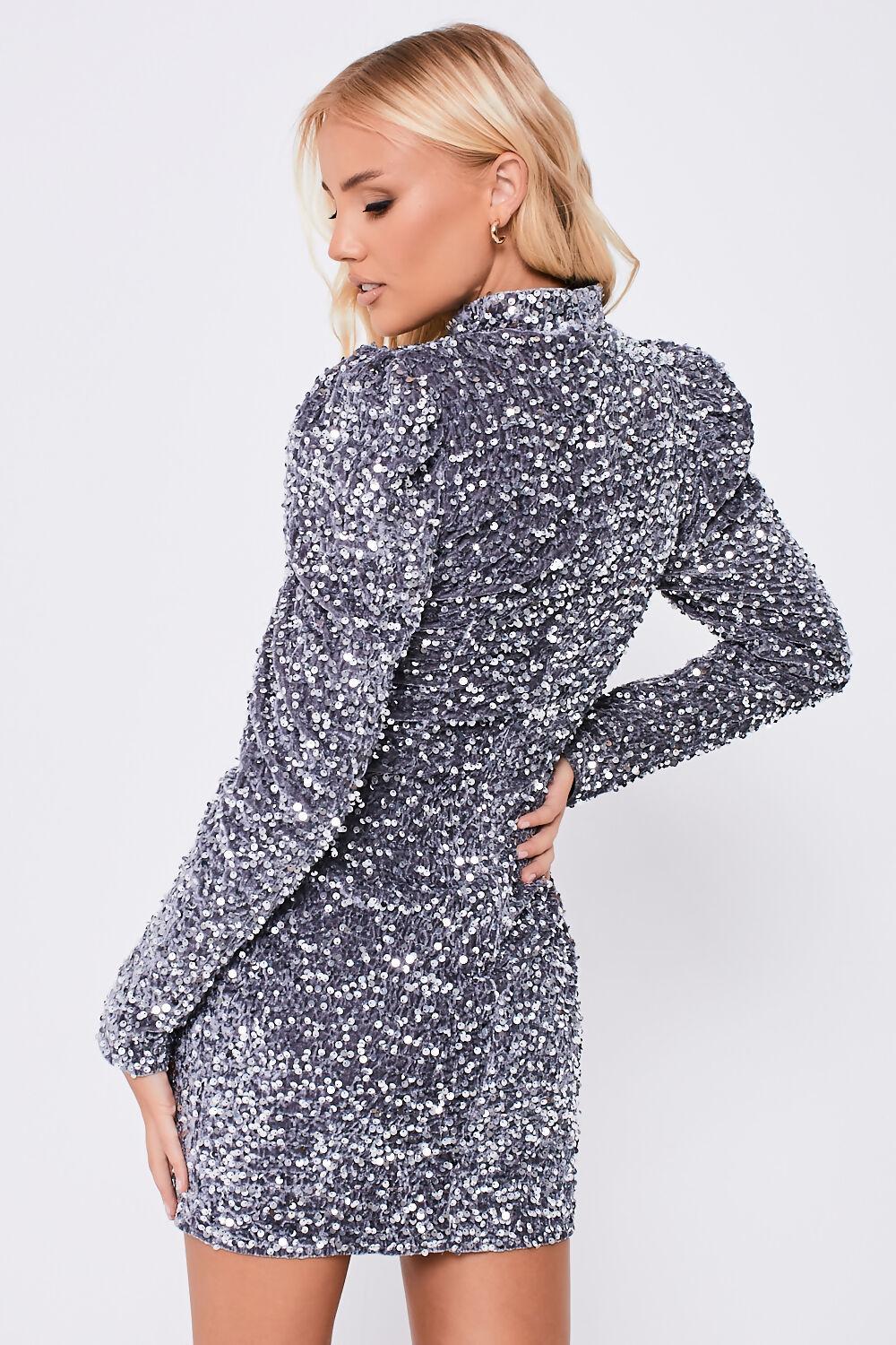 Saint Genies Ava Silver Sequin Velvet High Neck Puff Sleeve Dress