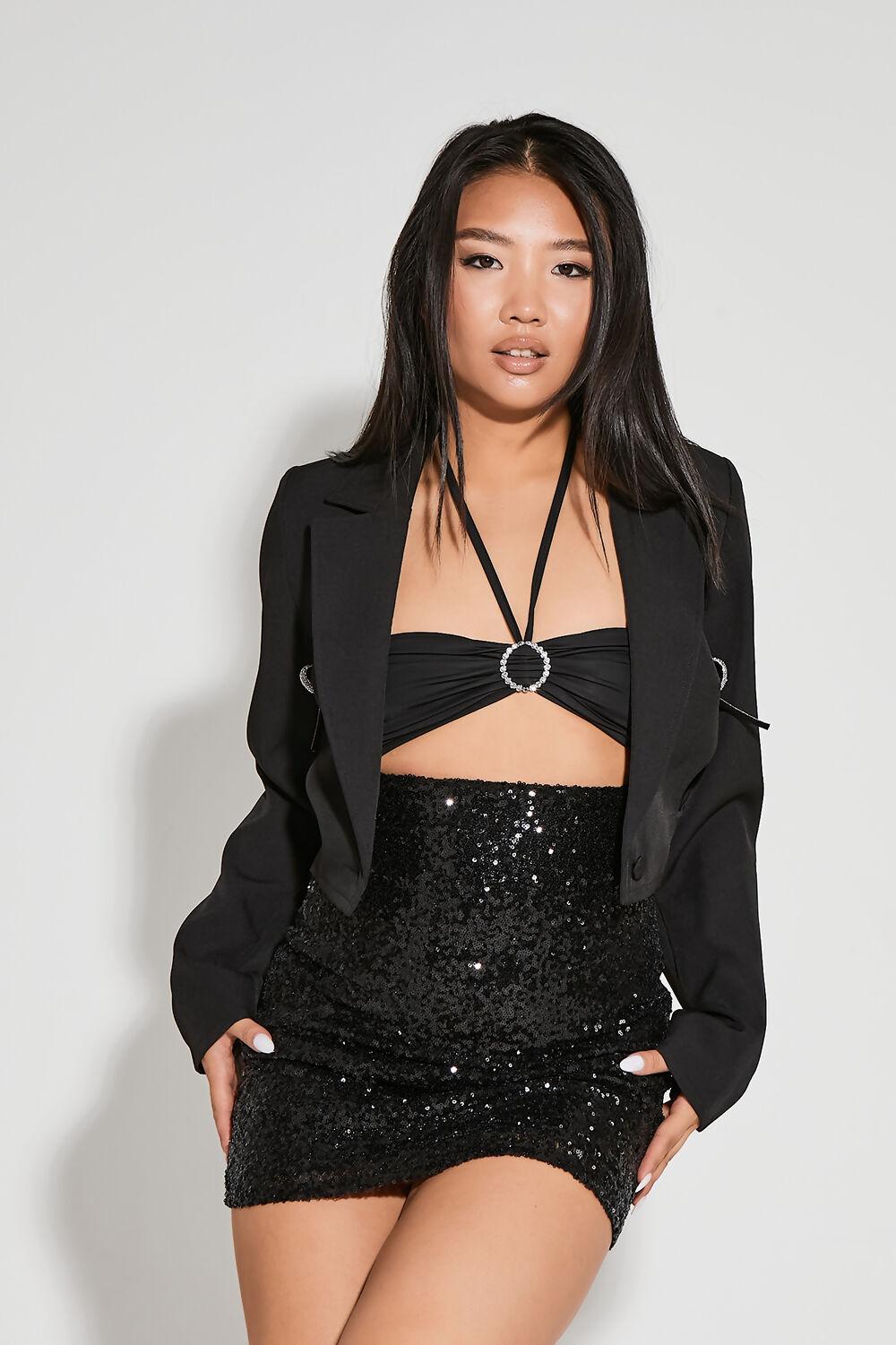 saint genies Avah Black Diamante Bow Cropped Blazer