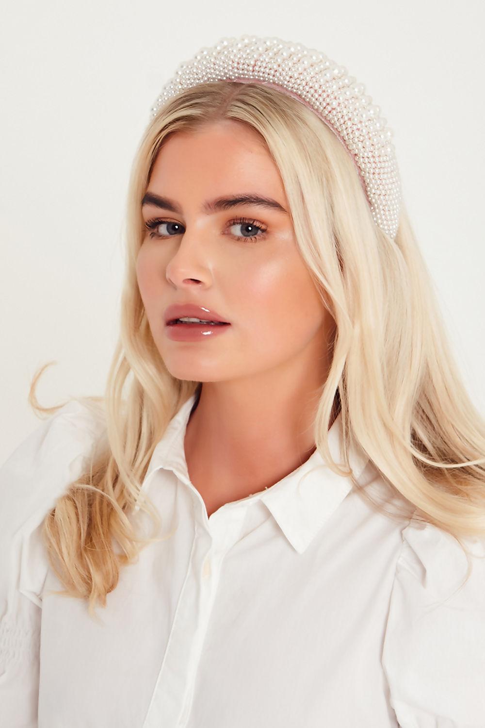 saint genies Beatrice Pink Velvet Pearl Embellished Headband