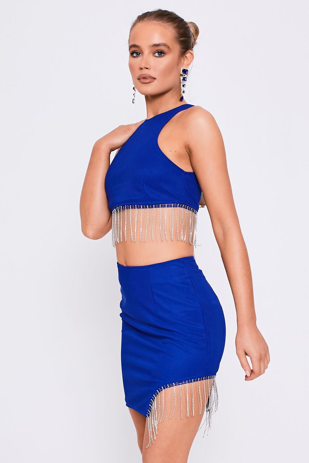 Saint Genies Beatrix Cobalt Diamante Fringe Asymmetric Mini Skirt Co-Ord