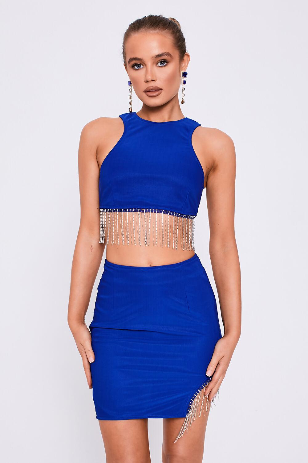 Saint Genies Beatrix Cobalt Diamante Fringe Racer Shape Crop Top Co-Ord