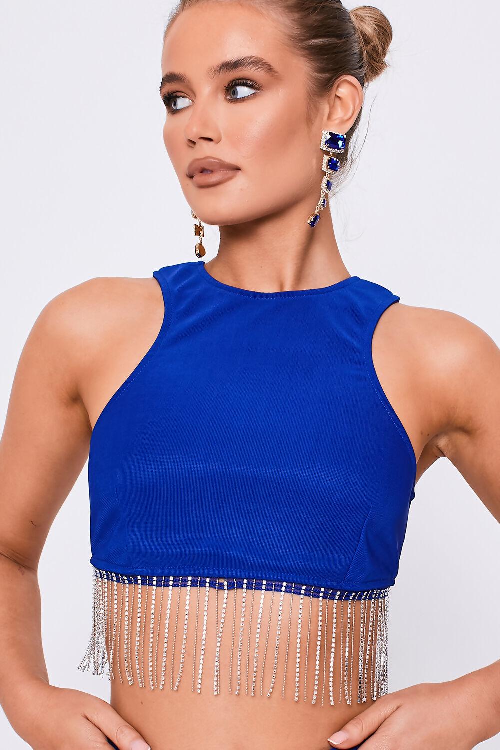 Saint Genies Beatrix Cobalt Diamante Fringe Racer Shape Crop Top Co-Ord