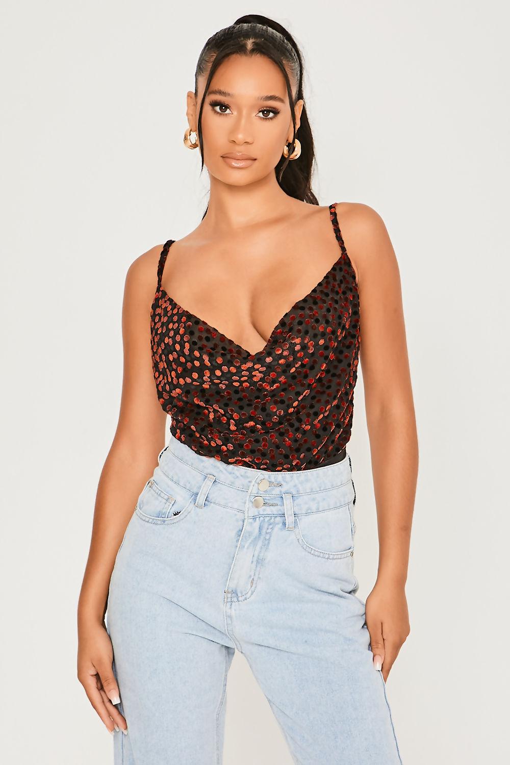 Saint Genies Becca Red Floral Burnout Mesh Cowl Neck Bodysuit