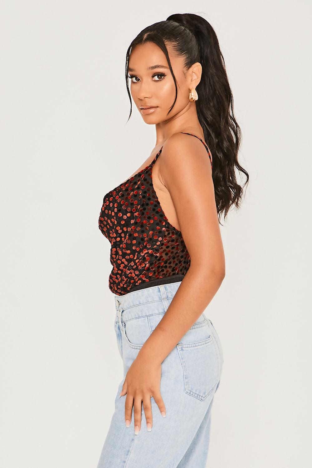 Saint Genies Becca Red Floral Burnout Mesh Cowl Neck Bodysuit
