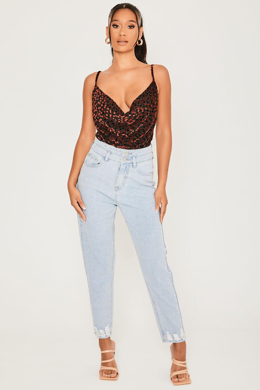 saint genies Becca Red Floral Burnout Mesh Cowl Neck Bodysuit
