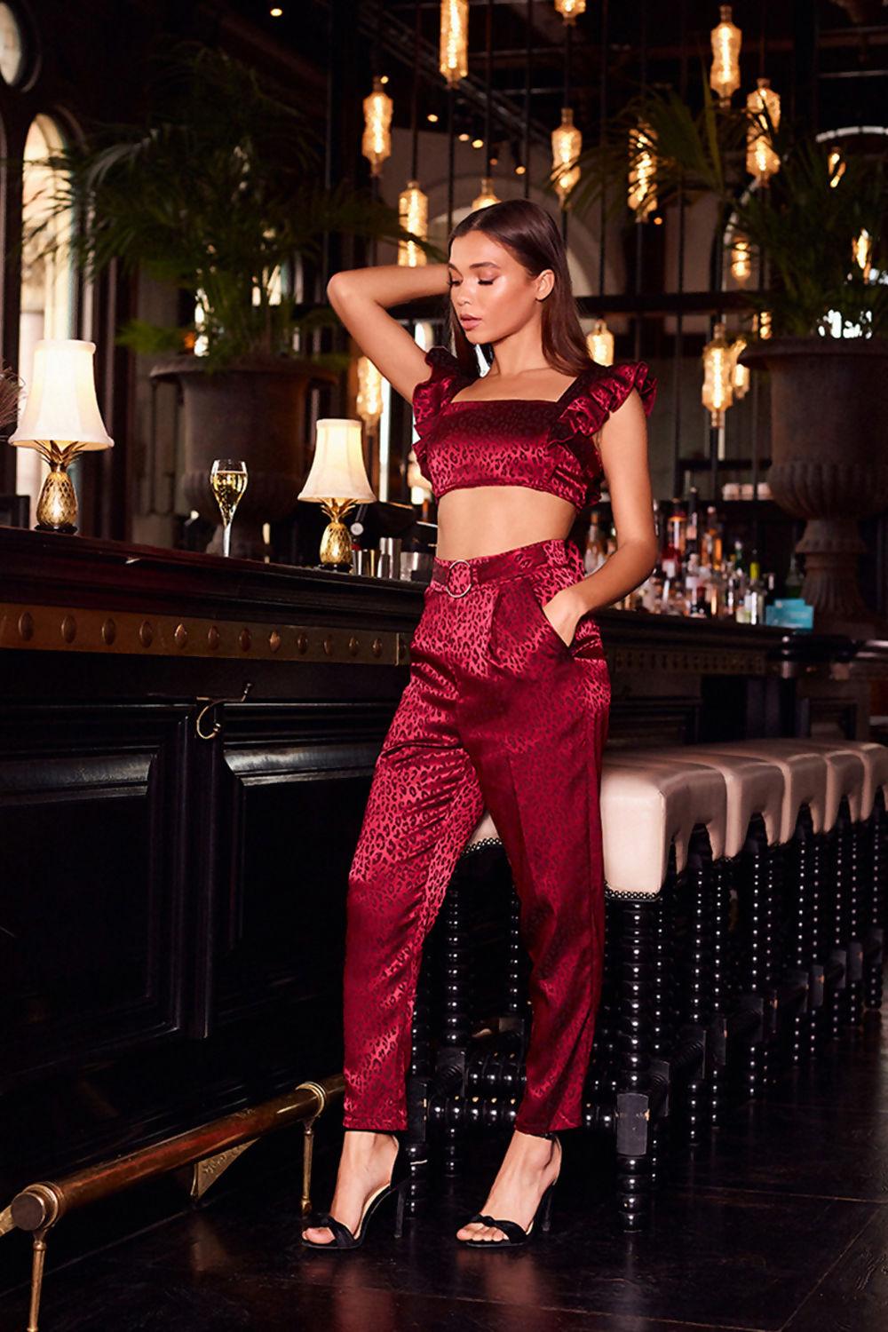 saint genies Belle Wine Leopard Jacquard O Ring Cigarette Trousers