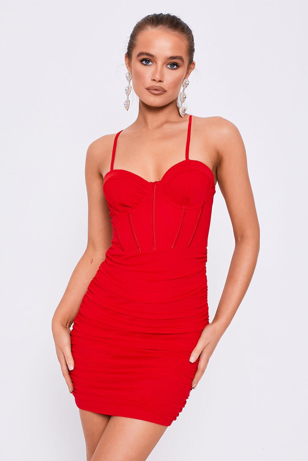 Saint Genies Bethany Red Strappy Boned Ruched Mini Dress
