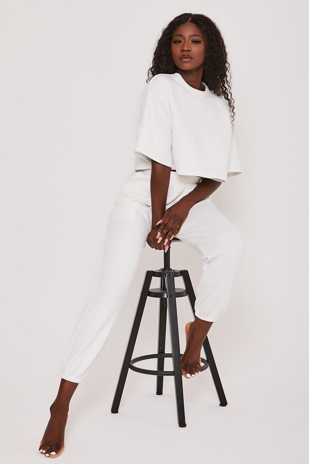 Saint Genies Bexley White Jacquard Jersey Oversized Crop T-shirt