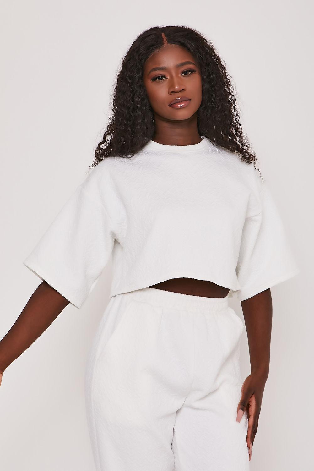 Saint Genies Bexley White Jacquard Jersey Oversized Crop T-shirt
