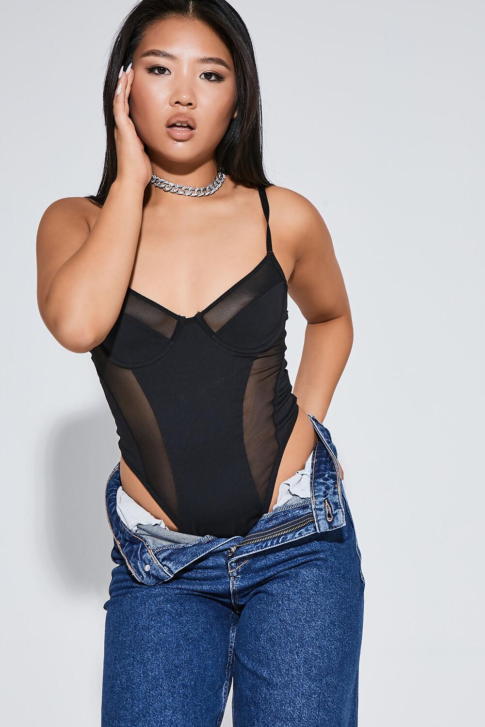 Saint Genies Black Strappy Mesh Pannel Detail Bodysuit