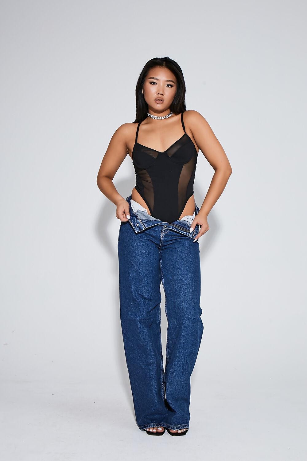 Saint Genies Black Strappy Mesh Pannel Detail Bodysuit