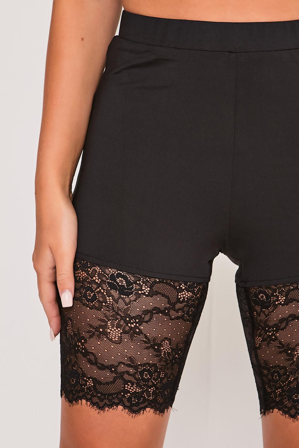 Saint Genies Britt Black High Waist Lace Trim Cycling Shorts