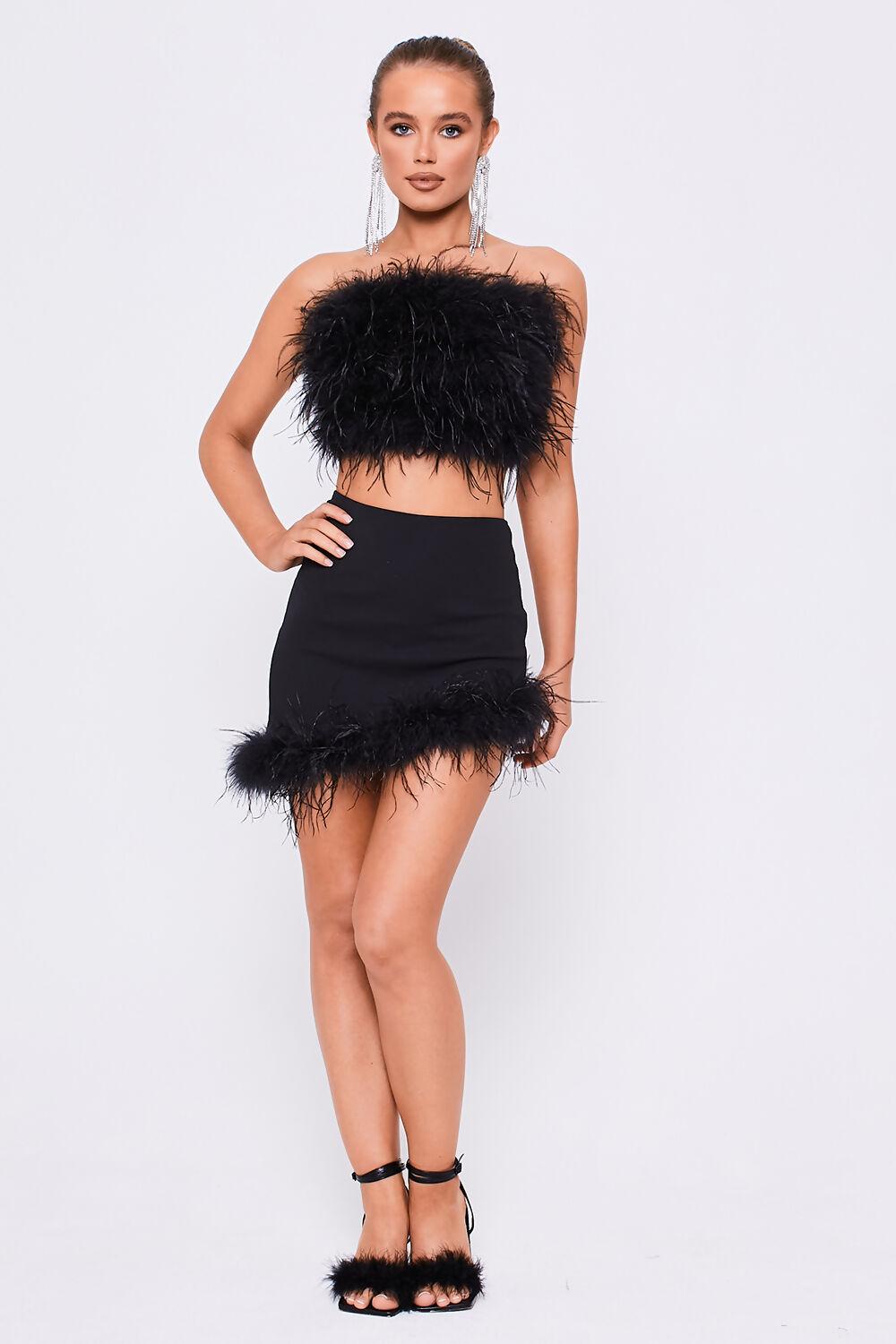 Saint Genies Brooke Black High Waisted Feather Trim Asymmetric Mini Skirt