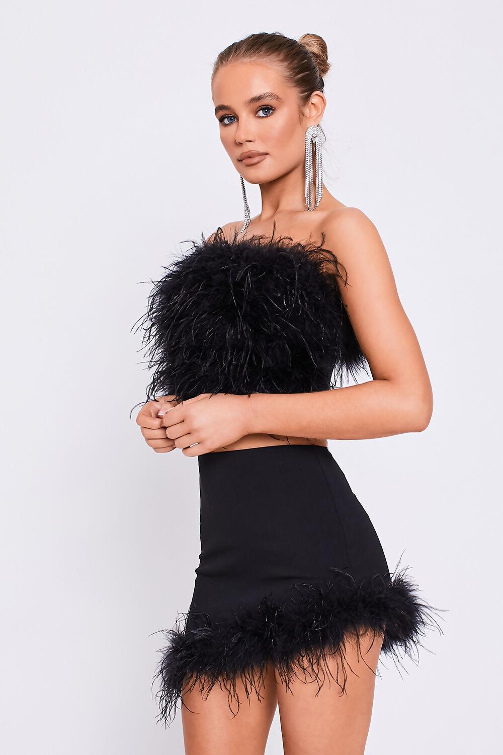 Saint Genies Brooke Black High Waisted Feather Trim Asymmetric Mini Skirt