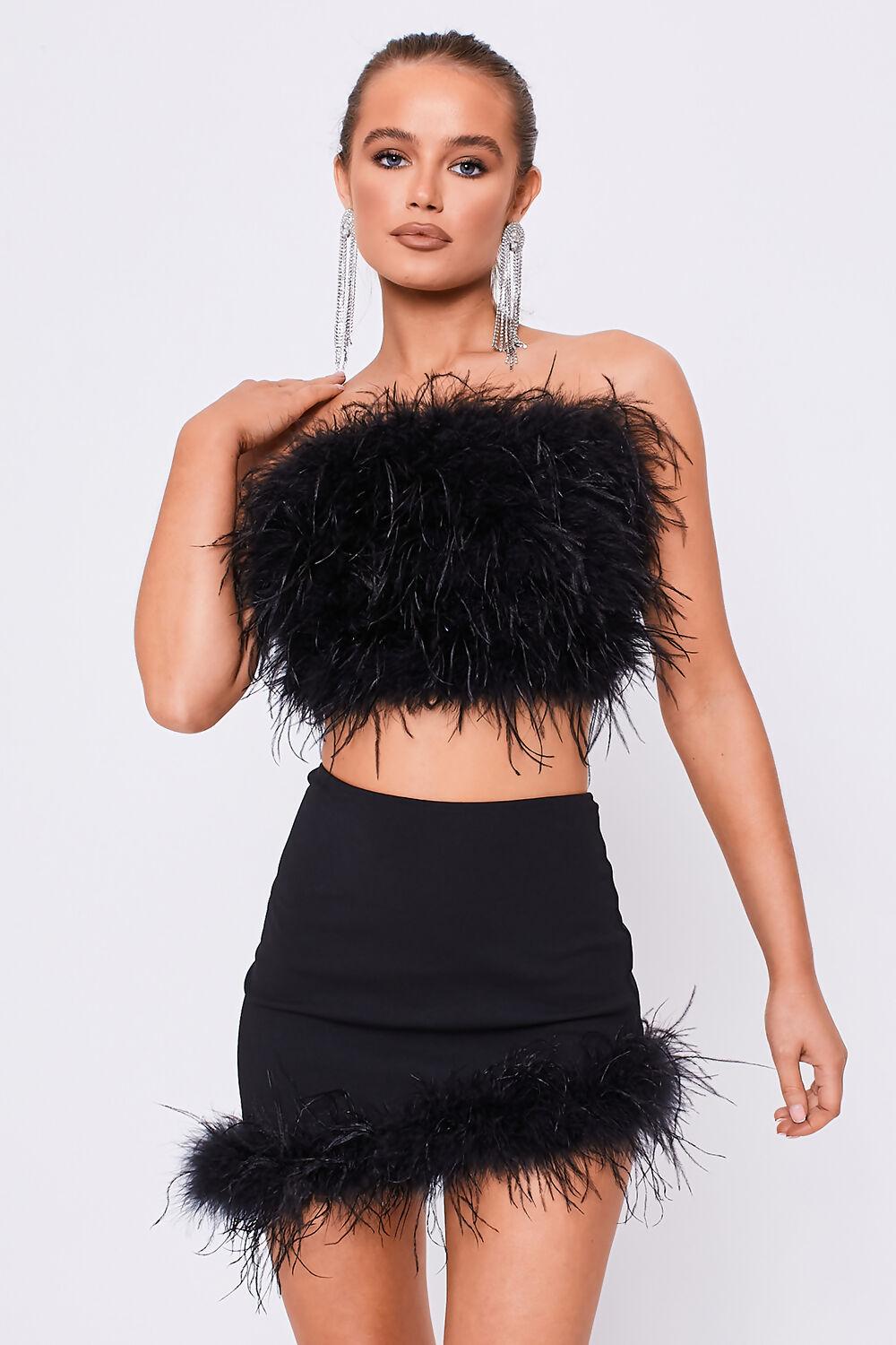 saint genies Brooke Black High Waisted Feather Trim Asymmetric Mini Skirt