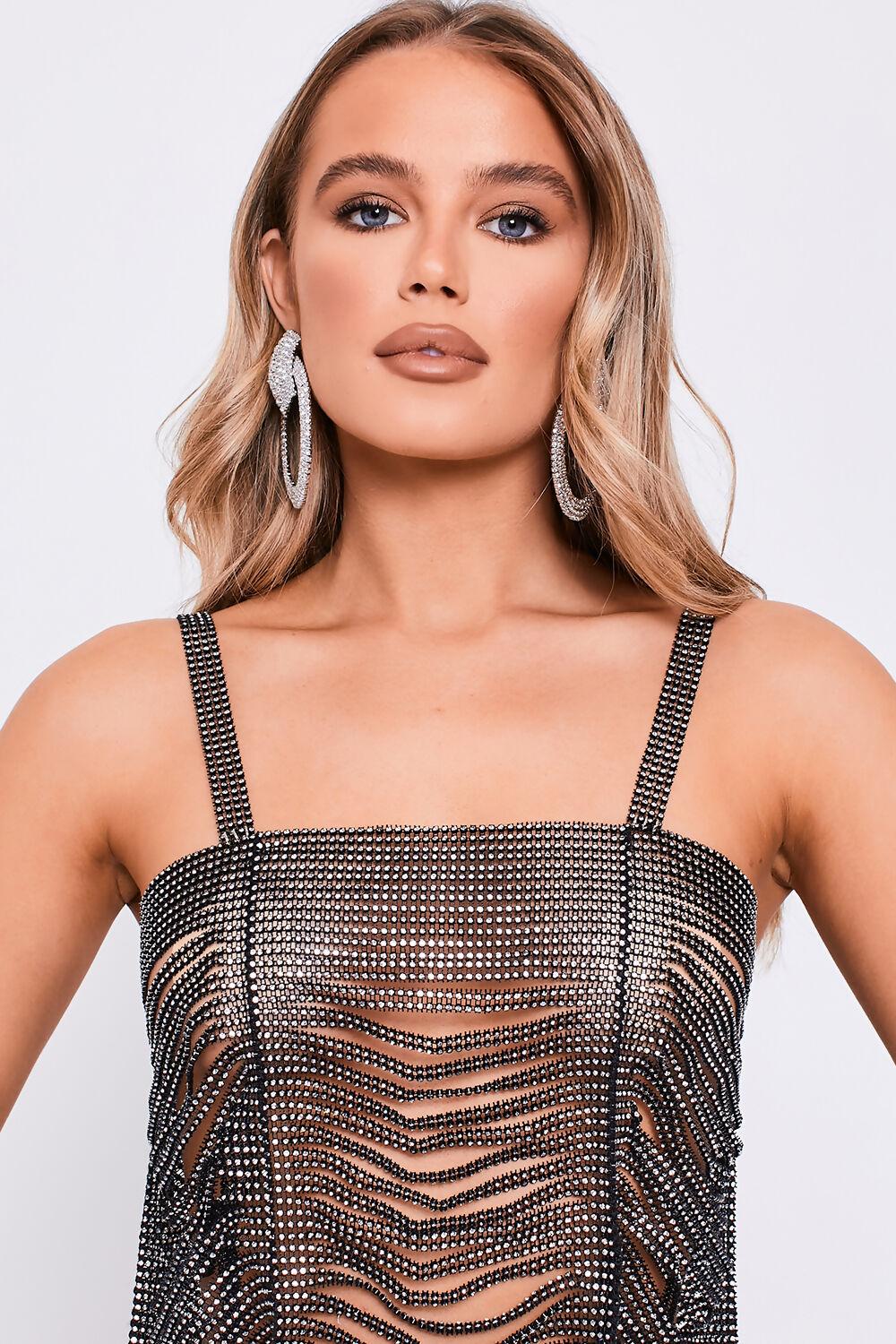 Saint Genies Cadence Black Strappy Rhinestone Chainmail Cropped Top