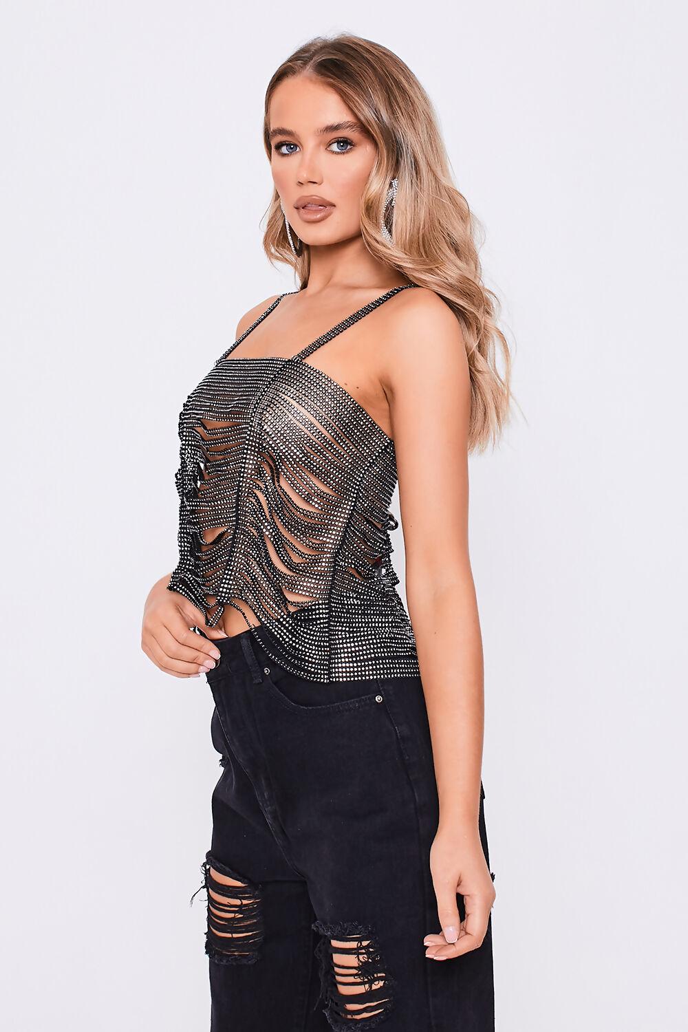 Saint Genies Cadence Black Strappy Rhinestone Chainmail Cropped Top