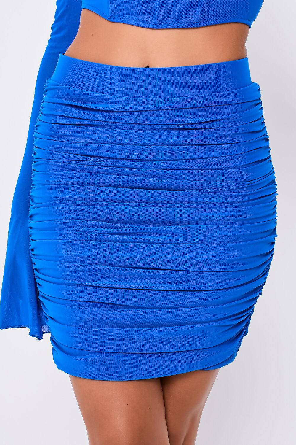 Saint Genies Cara Cobalt Blue Bardot Mesh Slit Sleeve Crop Top & Mini Skirt Co-Ord