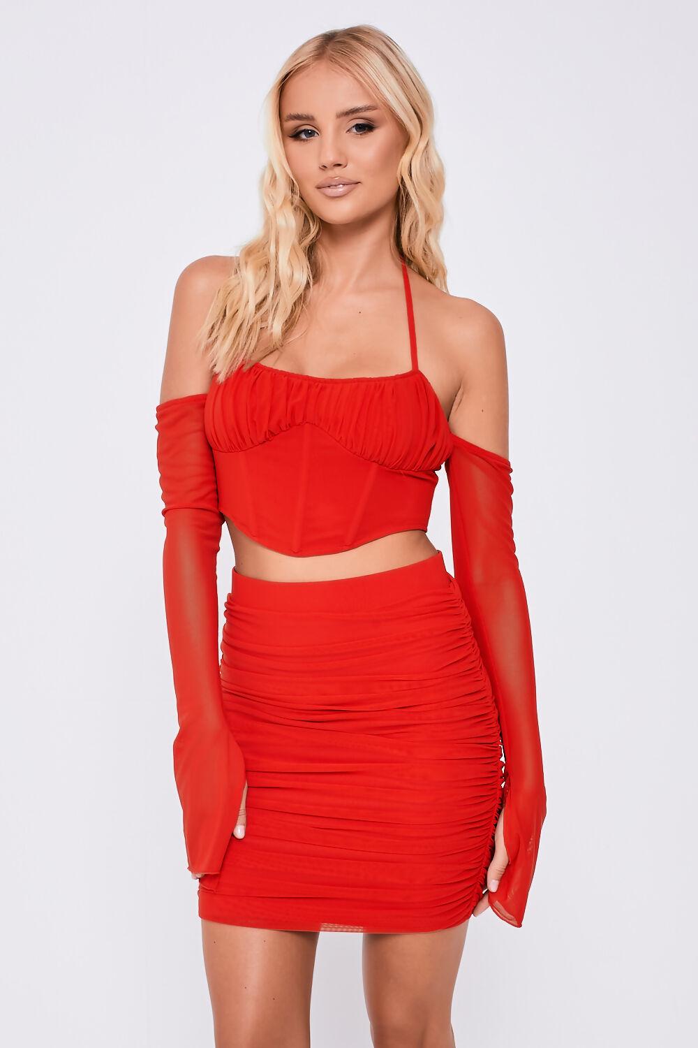 Saint Genies Cara Red Bardot Mesh Slit Sleeve Crop Top & Mini Skirt Co-Ord