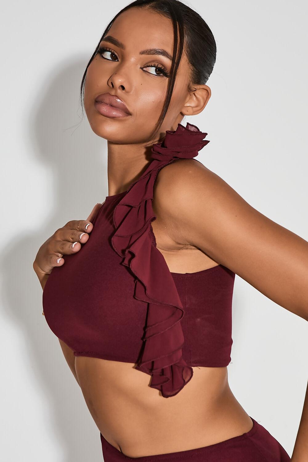 Saint Genies Carli Bergundy Racer Neck Floral Applique Top And Asymmetric Skirt Co-Ord