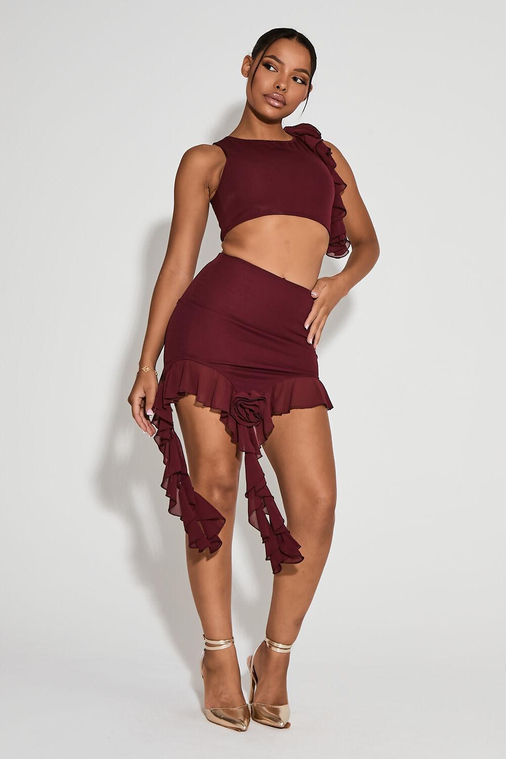 Saint Genies Carli Bergundy Racer Neck Floral Applique Top And Asymmetric Skirt Co-Ord