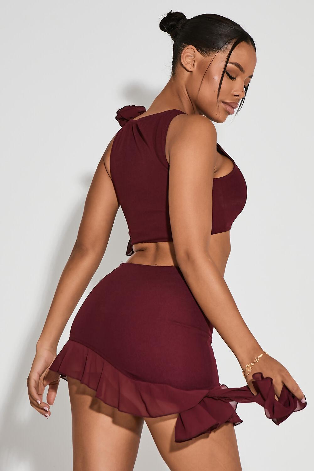 Saint Genies Carli Bergundy Racer Neck Floral Applique Top And Asymmetric Skirt Co-Ord