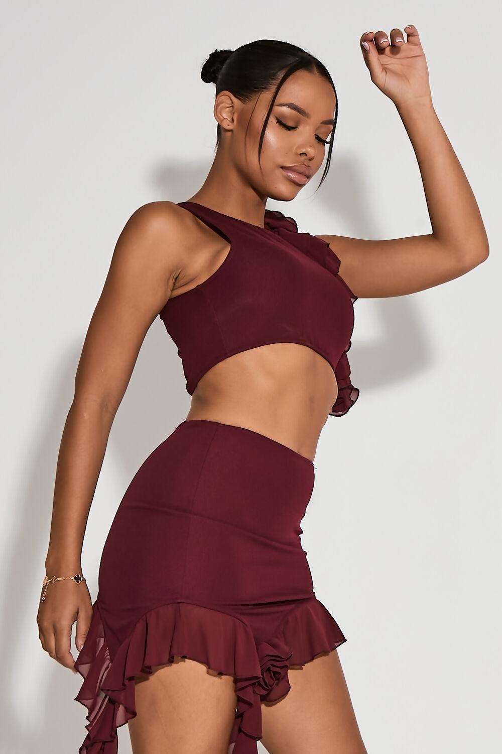 saint genies Carli Bergundy Racer Neck Floral Applique Top And Asymmetric Skirt Co-Ord