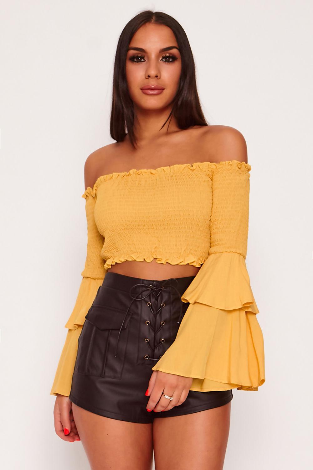 Saint Genies Cassandra Mustard Bardot Shirring Detail Flare Sleeve Crop Top