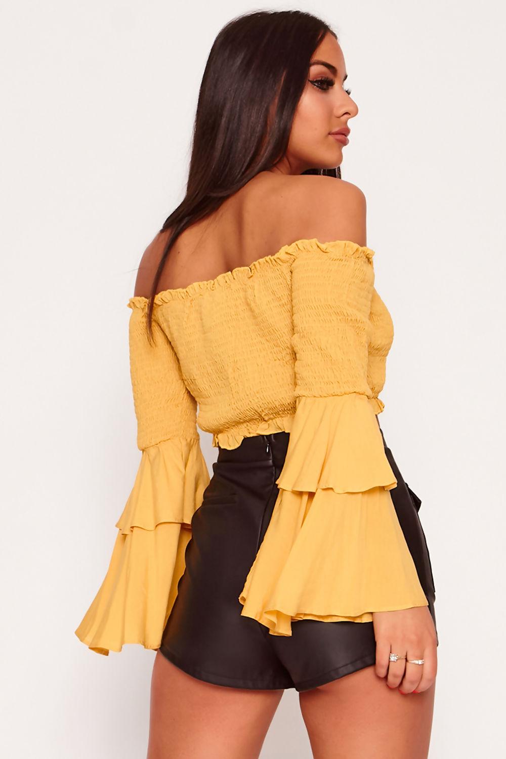 Saint Genies Cassandra Mustard Bardot Shirring Detail Flare Sleeve Crop Top