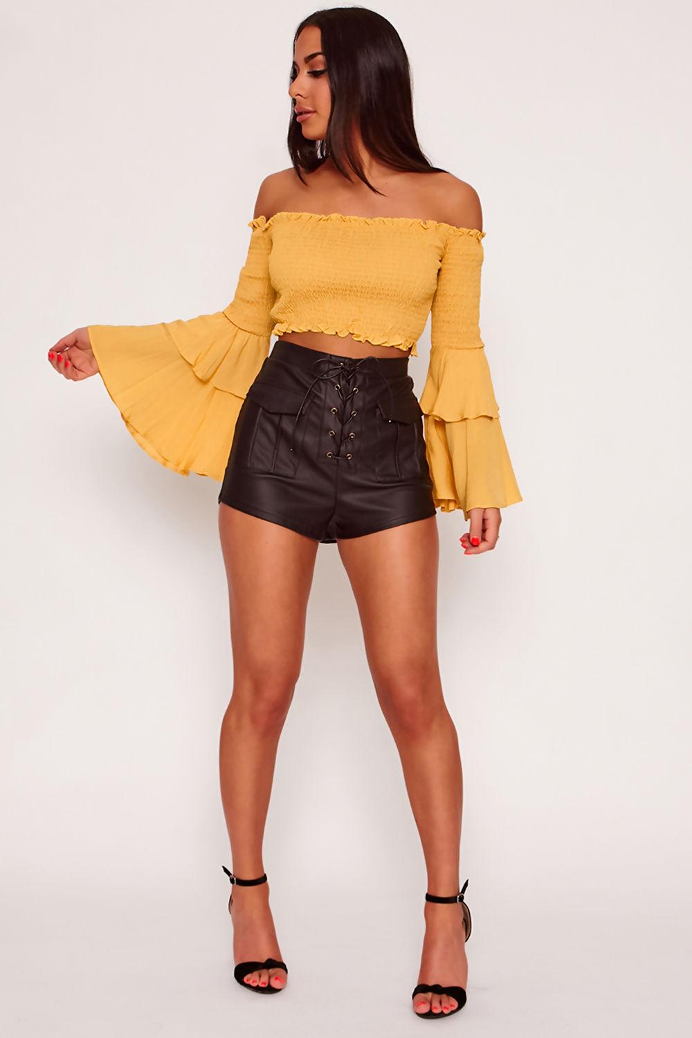 saint genies Cassandra Mustard Bardot Shirring Detail Flare Sleeve Crop Top