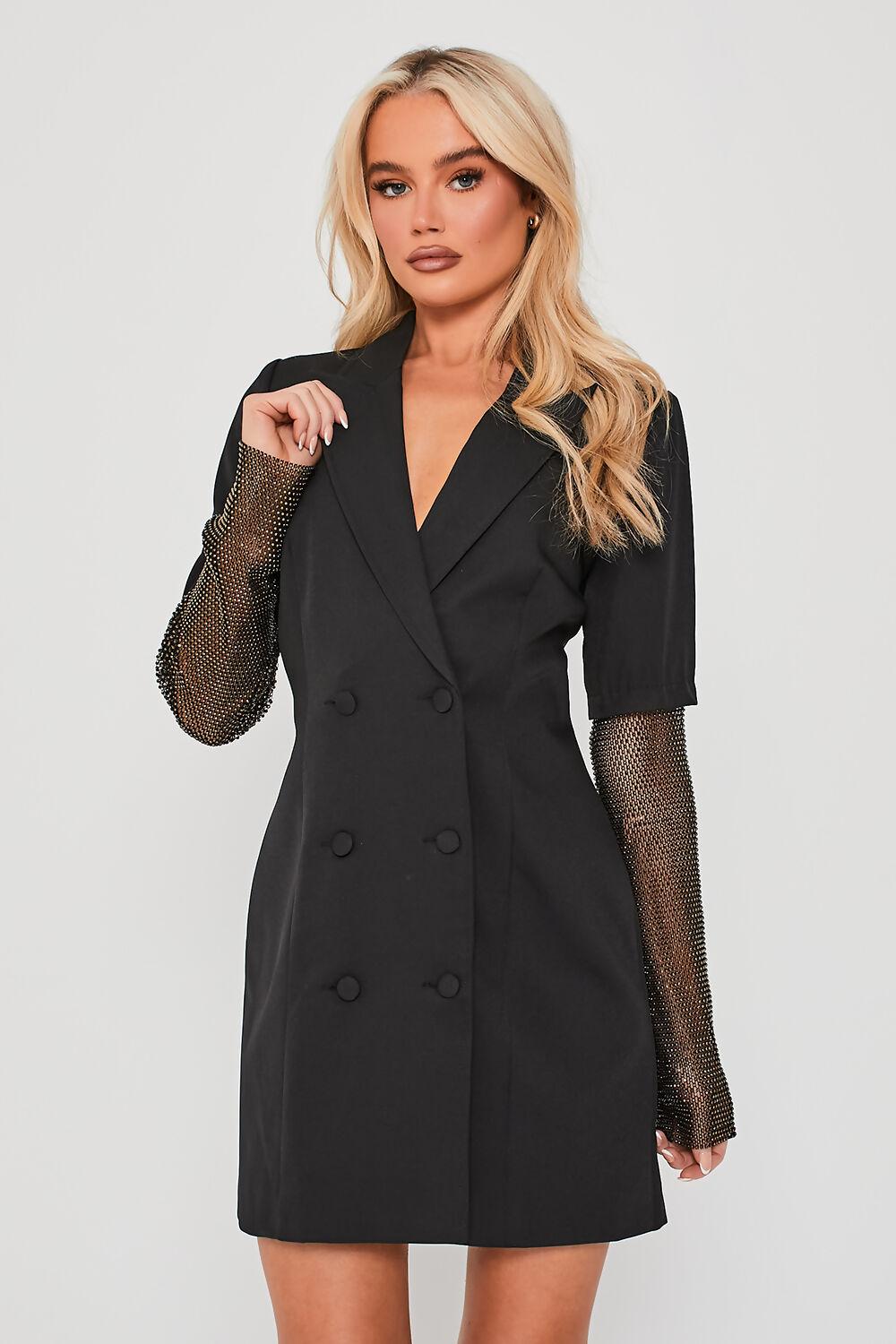 saint genies Celeste Black Diamante Net Sleeve Tailored Blazer Dress