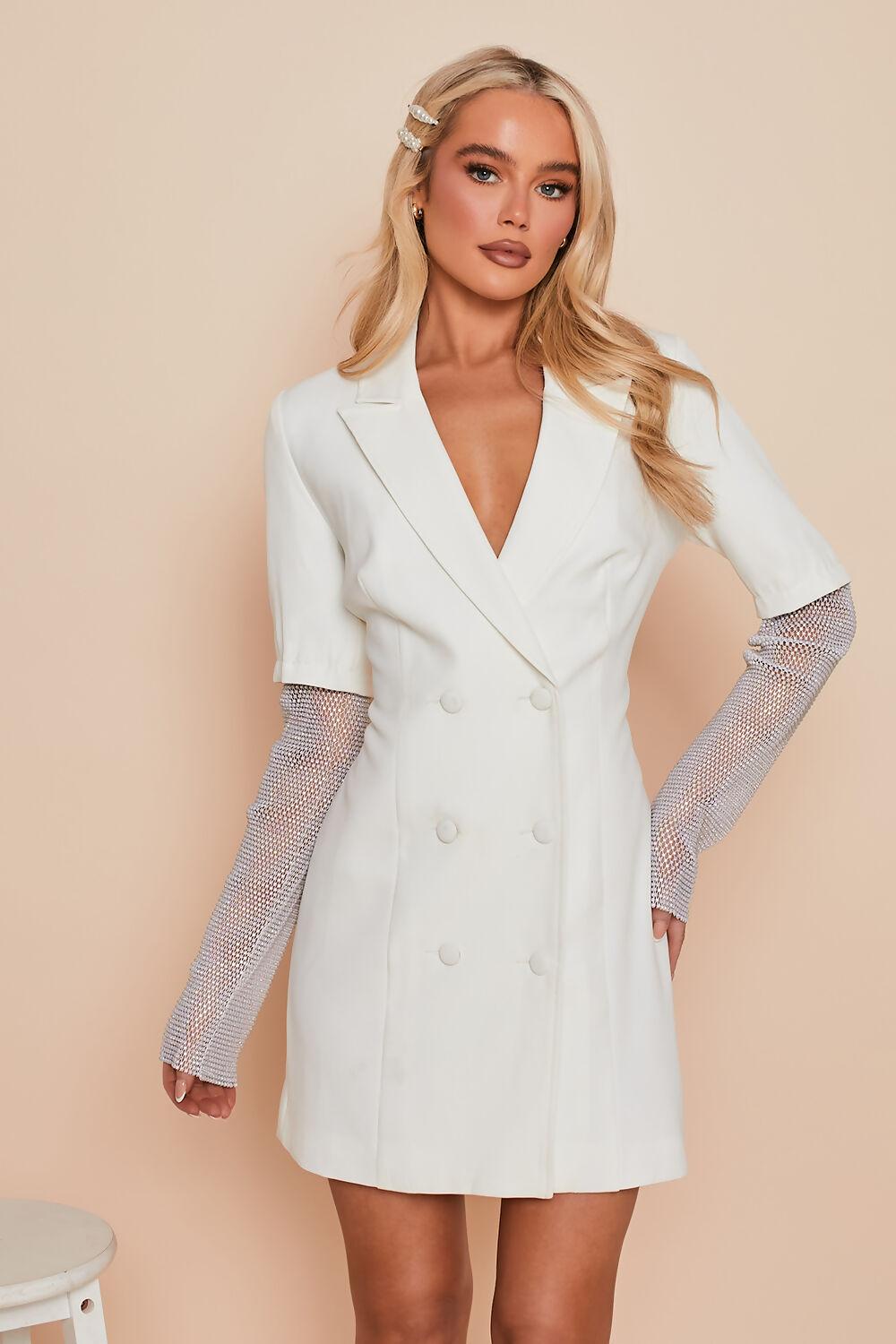 Saint Genies Celeste White Diamante Net Sleeve Tailored Blazer Dress