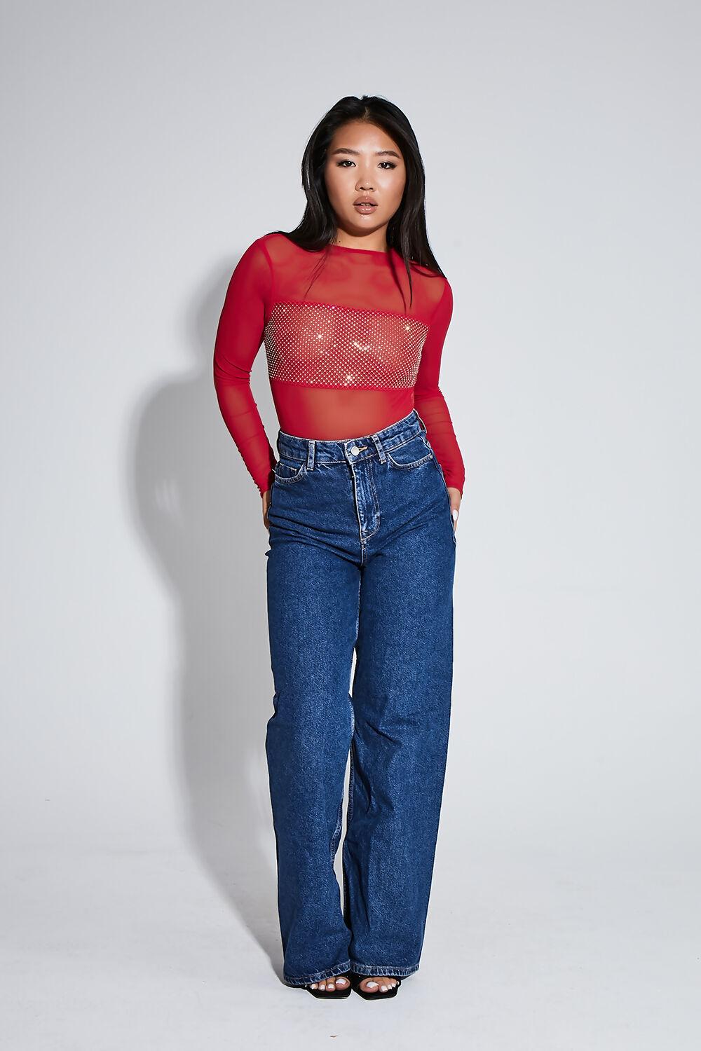 Saint Genies Chai Red Diamante Pannel Long Sleeve Sheer Bodysuit