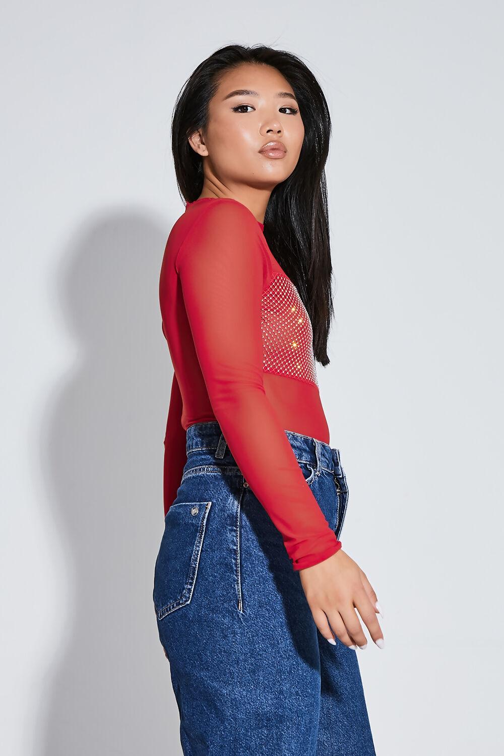 Saint Genies Chai Red Diamante Pannel Long Sleeve Sheer Bodysuit