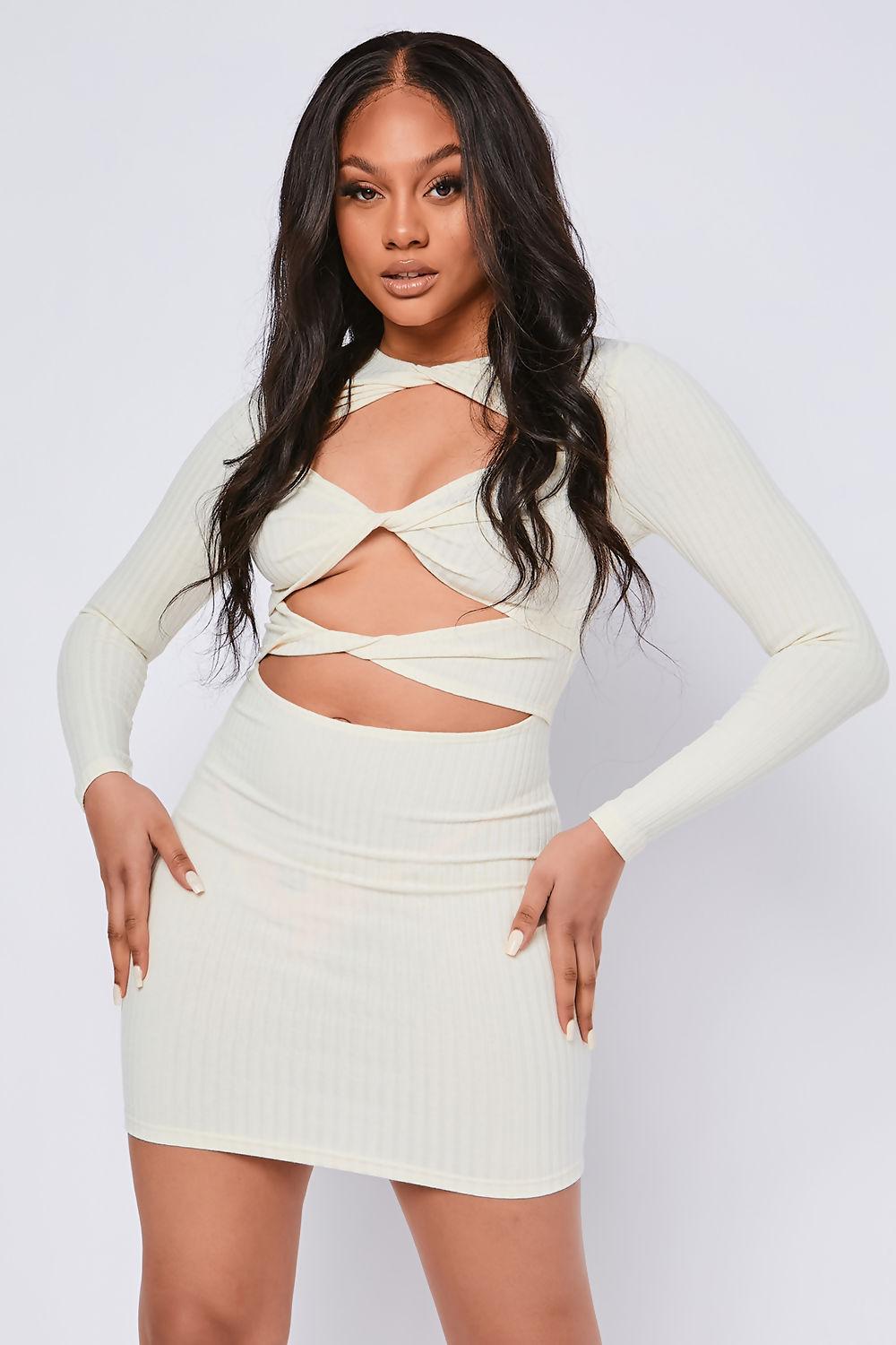 Saint Genies Cherine Ecru Twist Front Cut Out Ribbed Bodycon Dress