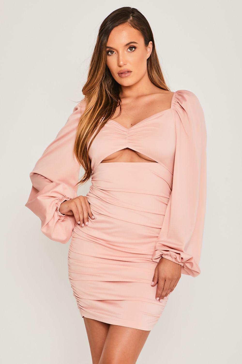 Saint Genies Chloe Pink Long Puff Sleeve Ruched Cut Out Detailed Mini Dress