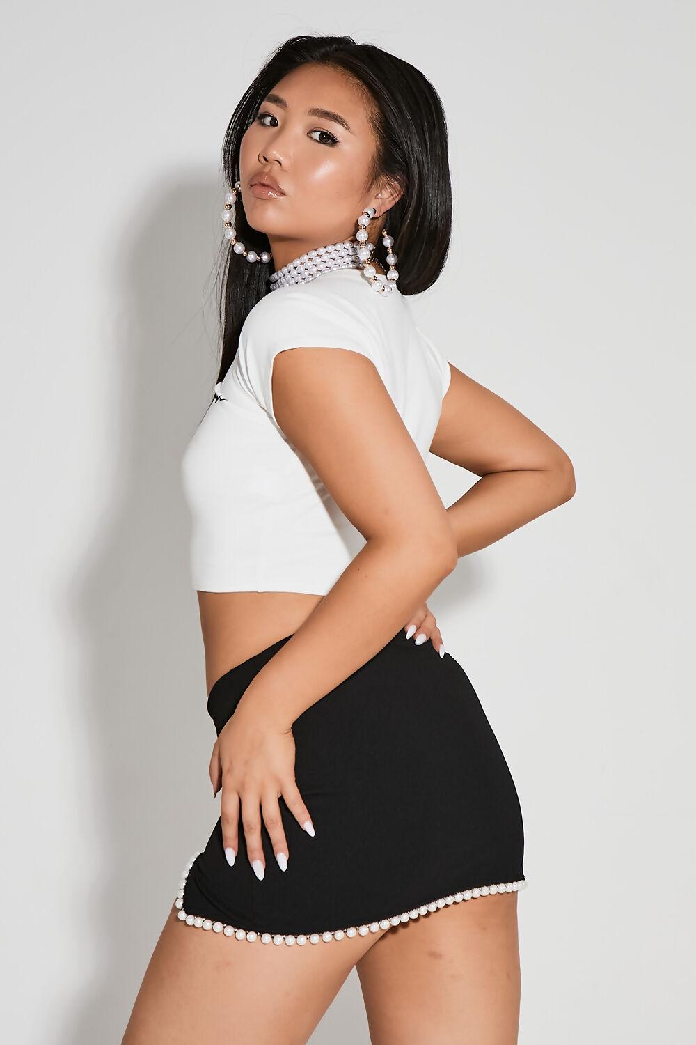 Saint Genies Cindy Black Low Rise Double Slit Pearl Trim Mini Skirt