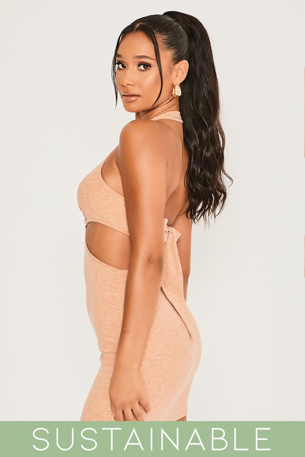 Saint Genies Clara Mocha Recycled Rib Halterneck Ring Detail Cut Out Mini Dress