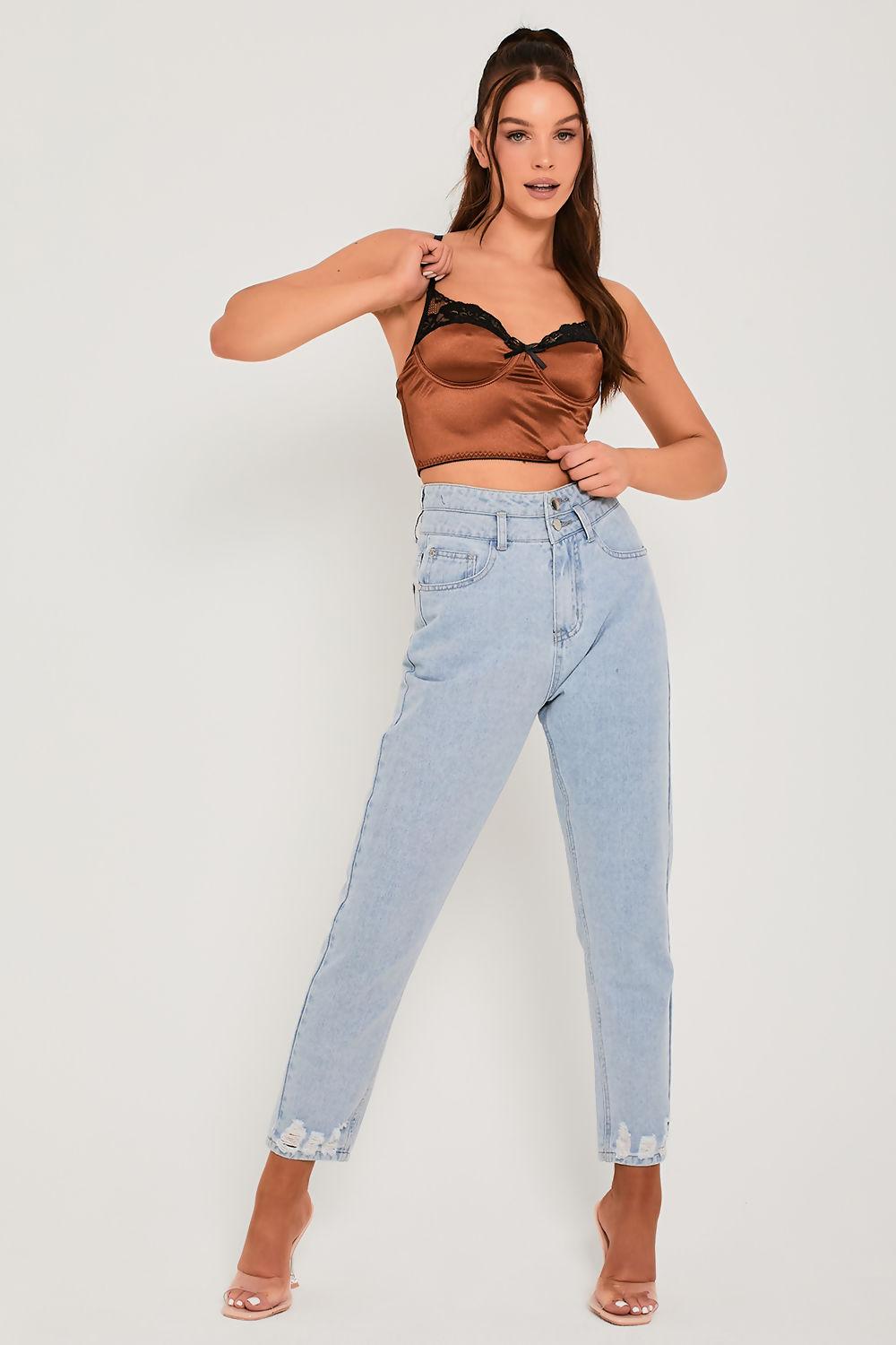 Saint Genies Coraline Chocolate Satin Lace Trim Crop Top