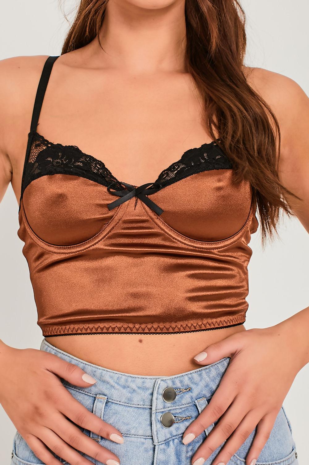 Saint Genies Coraline Chocolate Satin Lace Trim Crop Top
