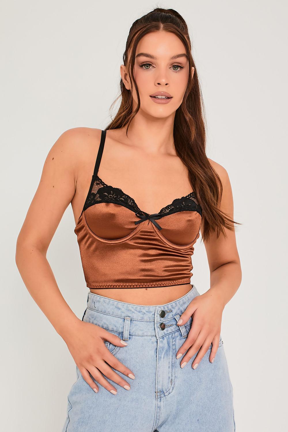 saint genies Coraline Chocolate Satin Lace Trim Crop Top
